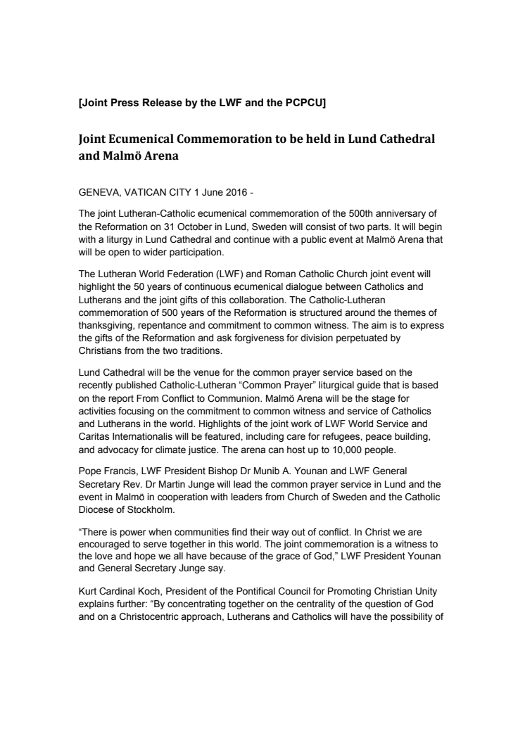 Joint Ecumenical Commemoration to be held in Lund Cathedral and Malmö Arena