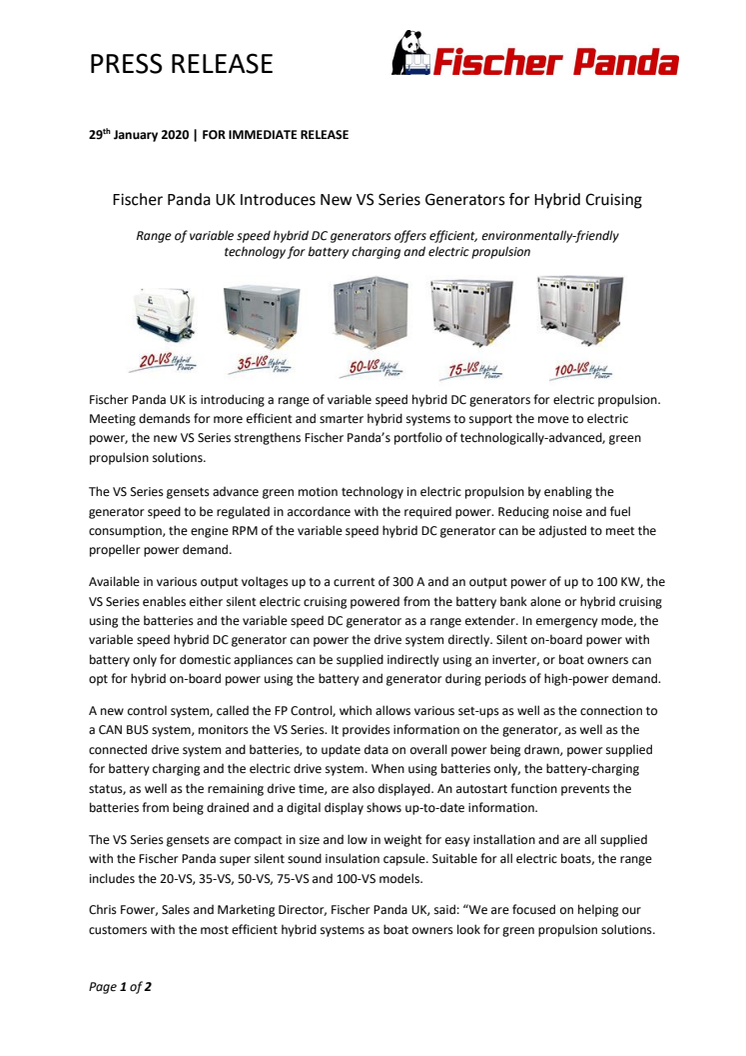 Fischer Panda UK Introduces New VS Series Generators for Hybrid Cruising