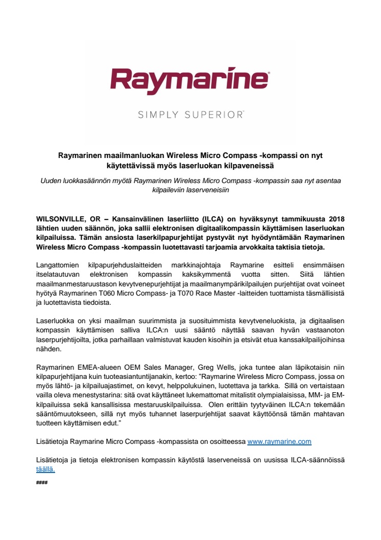 Raymarine: Raymarinen maailmanluokan Wireless Micro Compass -kompassi on nyt käytettävissä myös laserluokan kilpaveneissä