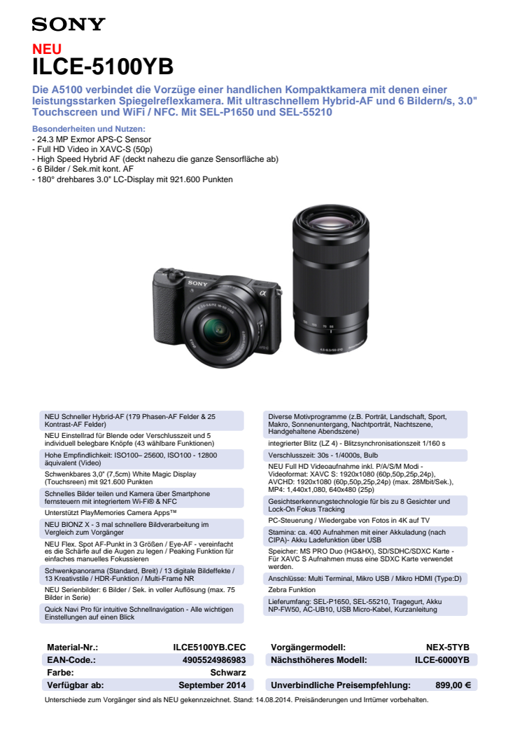 Datenblatt ILCE-5100YB von Sony