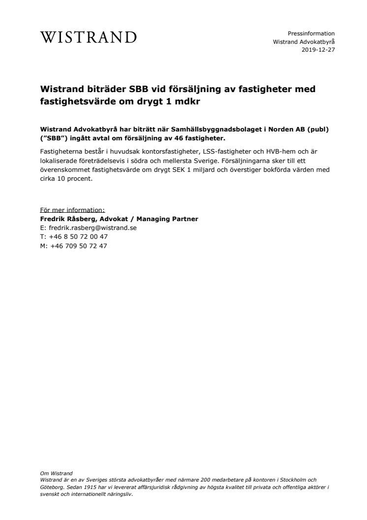 ​Wistrand biträder SBB vid försäljning av fastigheter med fastighetsvärde om drygt 1 mdkr