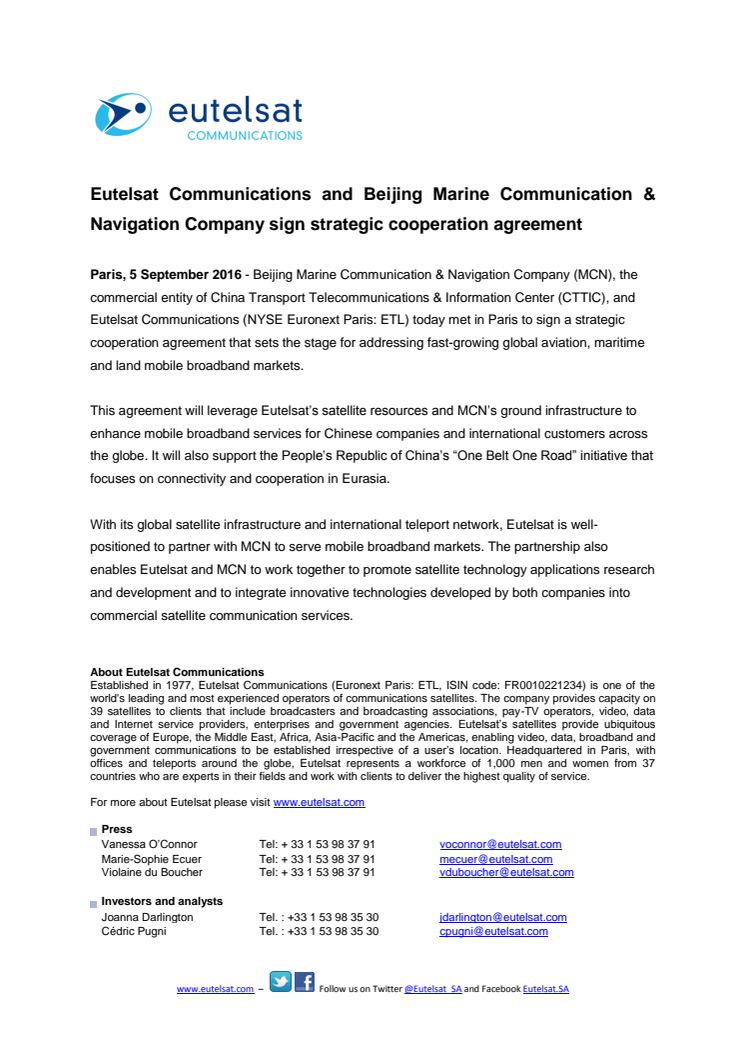 Eutelsat Communications and Beijing Marine Communication & Navigation Company sign strategic cooperation agreement 