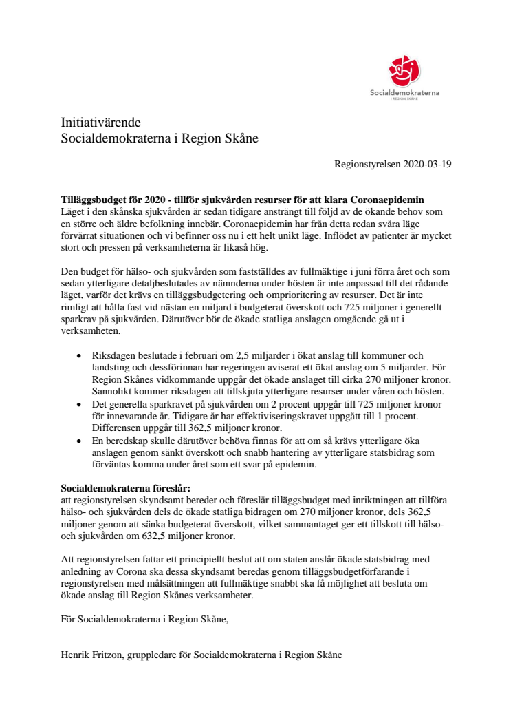 Initiativärende RS 2020-03-19 Tilläggsbudget