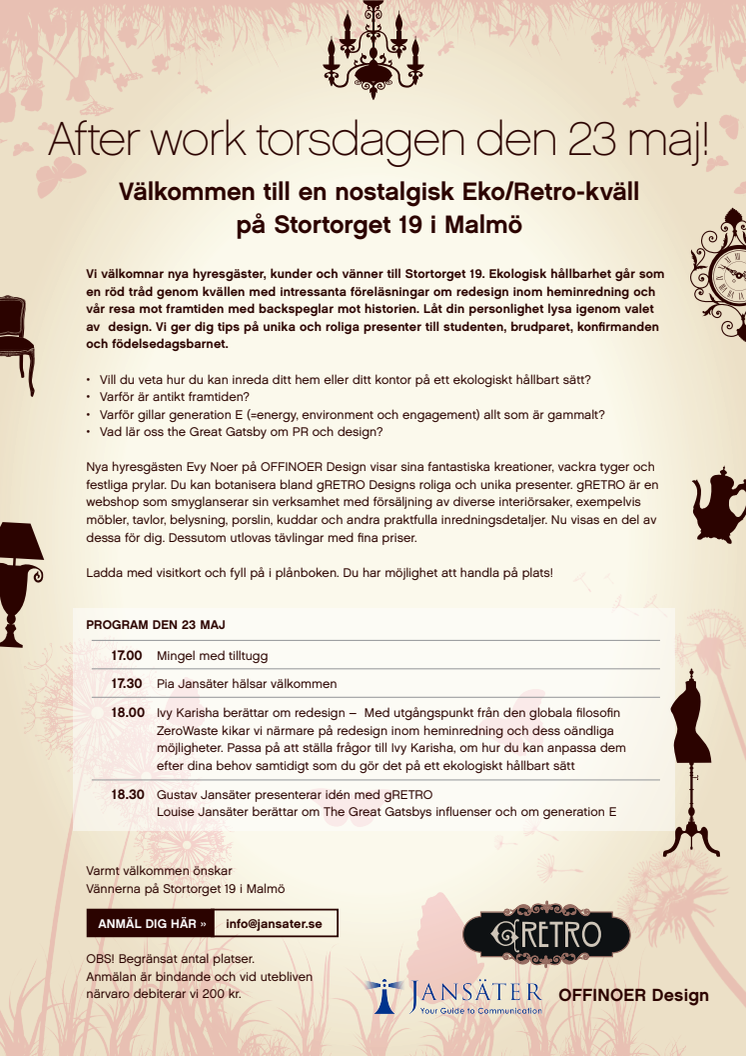 Pressinbjudan till after work med eko/retro-tema den 23 maj i Malmö