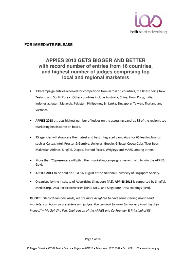 APPIES 2013 GETS BIGGER AND BETTER with record number of entries from 16 countries, and highest number of judges comprising top local and regional marketers