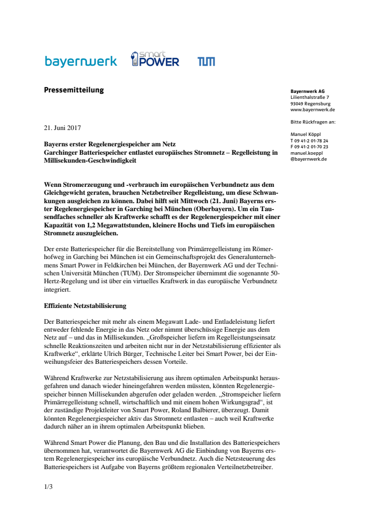 Bayerns erster Regelenergiespeicher am Netz