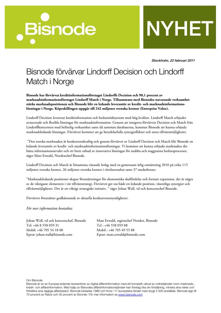 Bisnode förvärvar Lindorff Decision och Lindorff Match i Norge