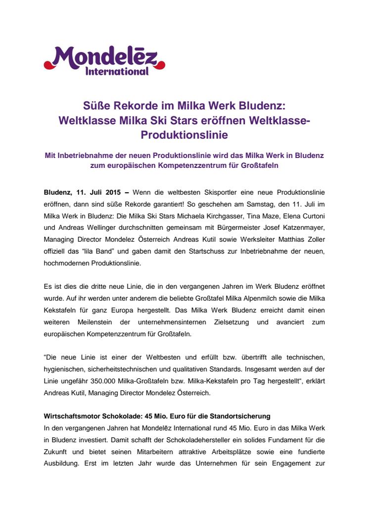 Süße Rekorde im Milka Werk Bludenz: Weltklasse Milka Ski Stars eröffnen Weltklasse-Produktionslinie