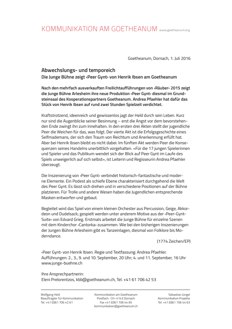 VORSCHAU Abwechslungs- und temporeich –  Die Junge Bühne zeigt ‹Peer Gynt› von Henrik Ibsen am Goetheanum
