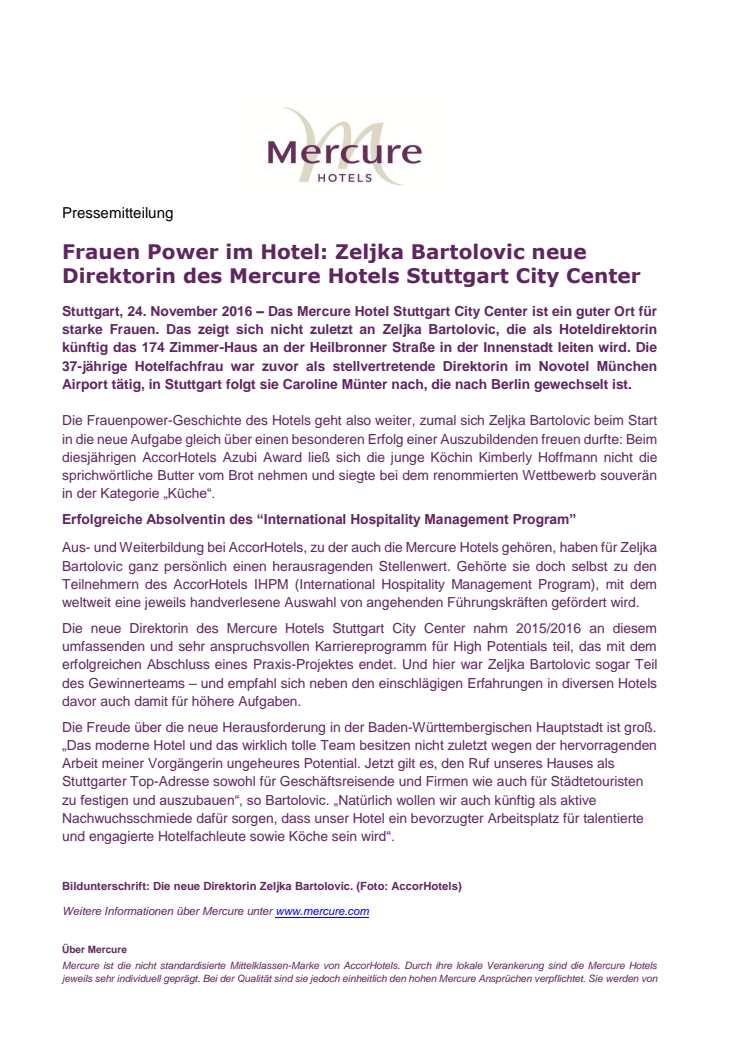 Frauen Power im Hotel: Zeljka Bartolovic neue Direktorin des Mercure Hotels Stuttgart City Center