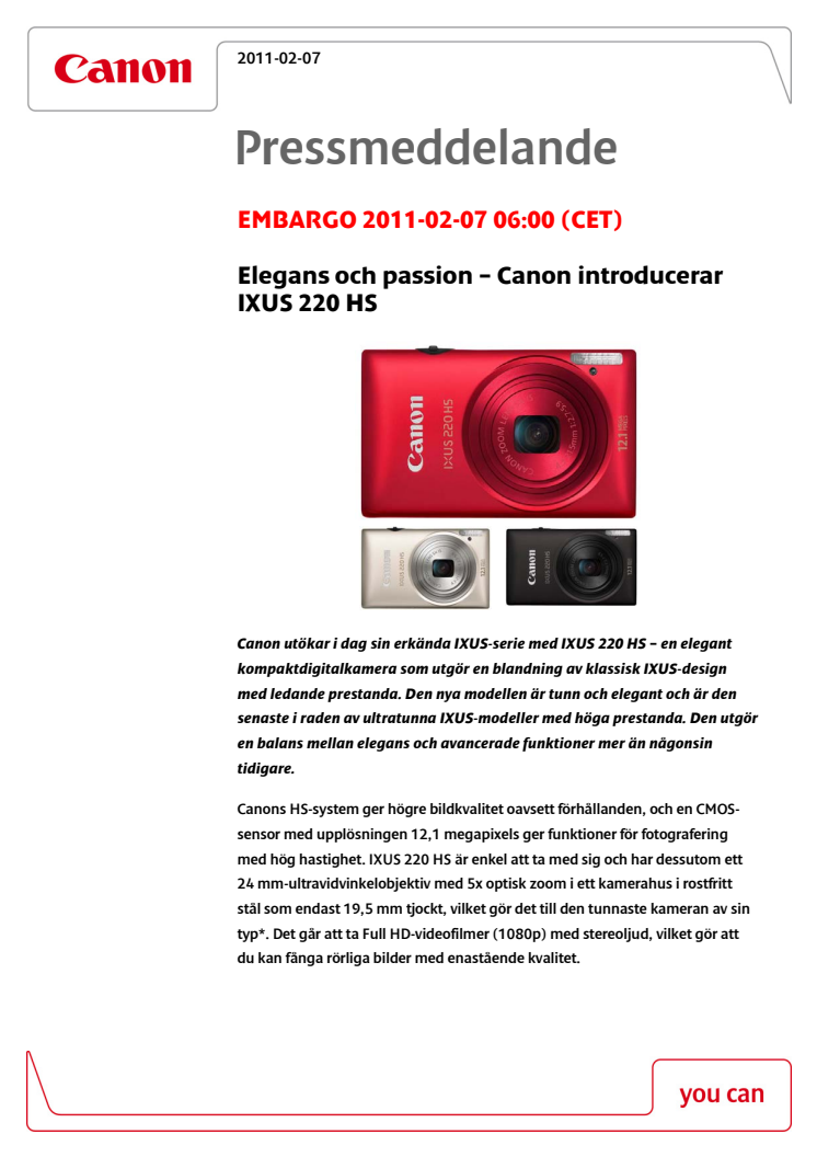 Elegans och passion – Canon introducerar IXUS 220 HS