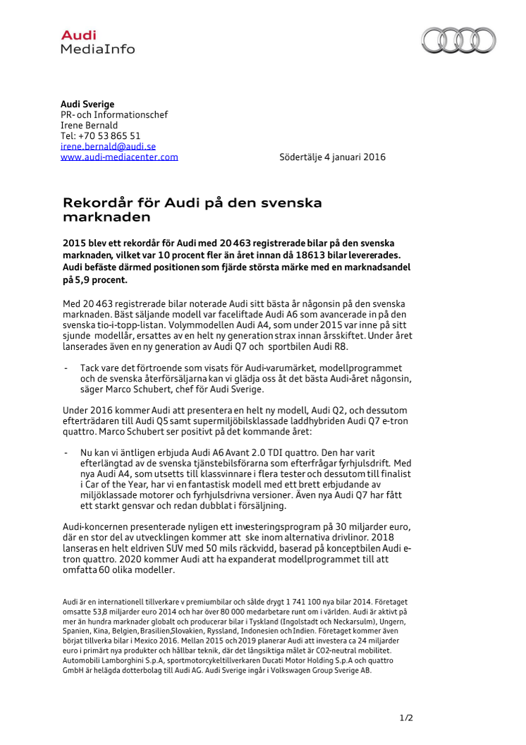 Rekordår för Audi på den svenska marknaden