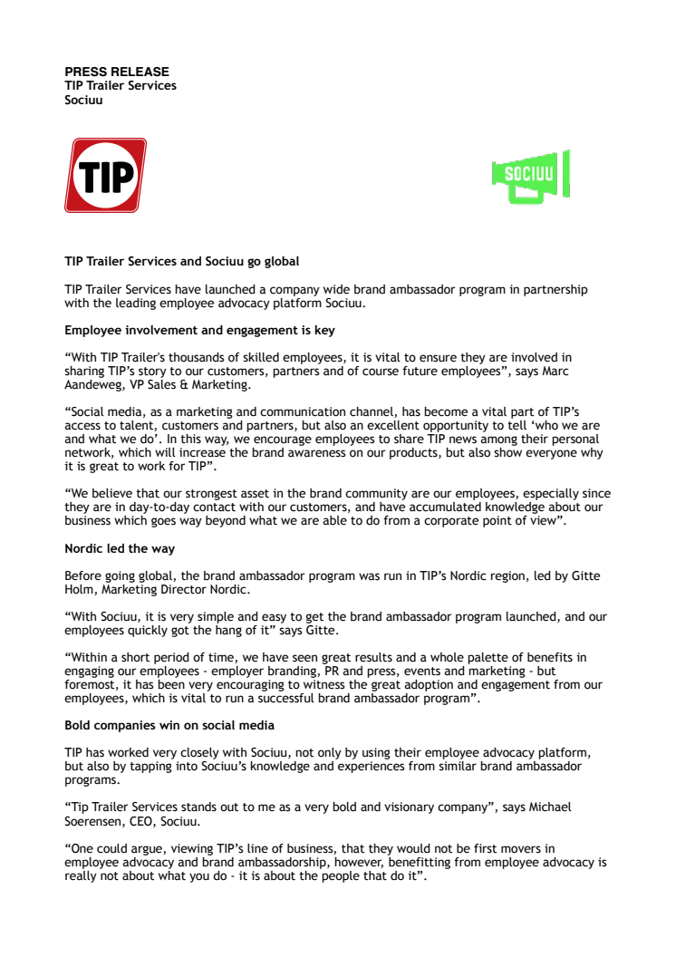 TIP Trailer Services and Sociuu go global