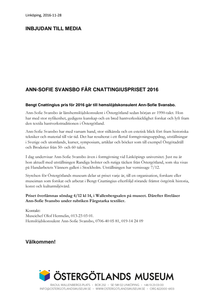 Ann-Sofie Svansbo får Cnattingiuspriset 2016
