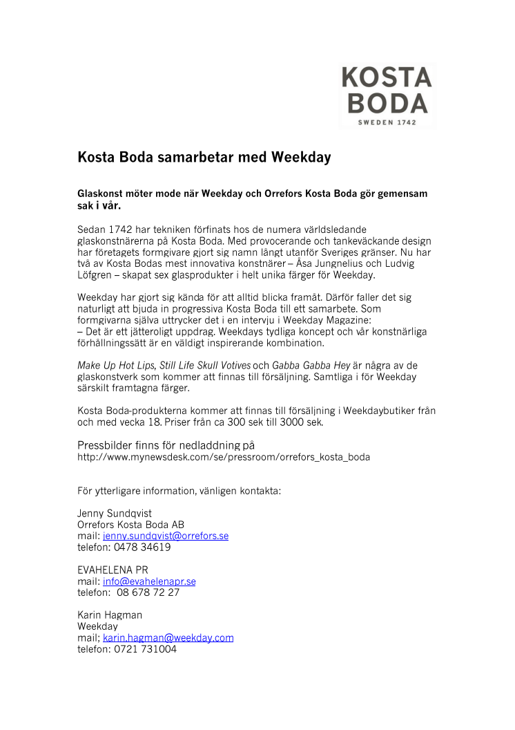 Press release (PDF) Kosta Boda / Weekday samarbete 13 mars 2012