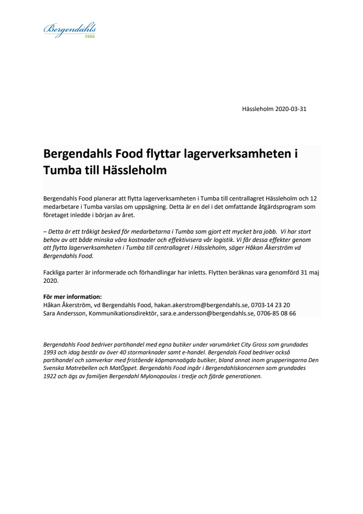 Bergendahls Food flyttar lagerverksamheten i Tumba till Hässleholm