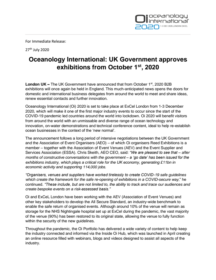 Oceanology International: UK Government approves exhibitions from October 1st, 2020