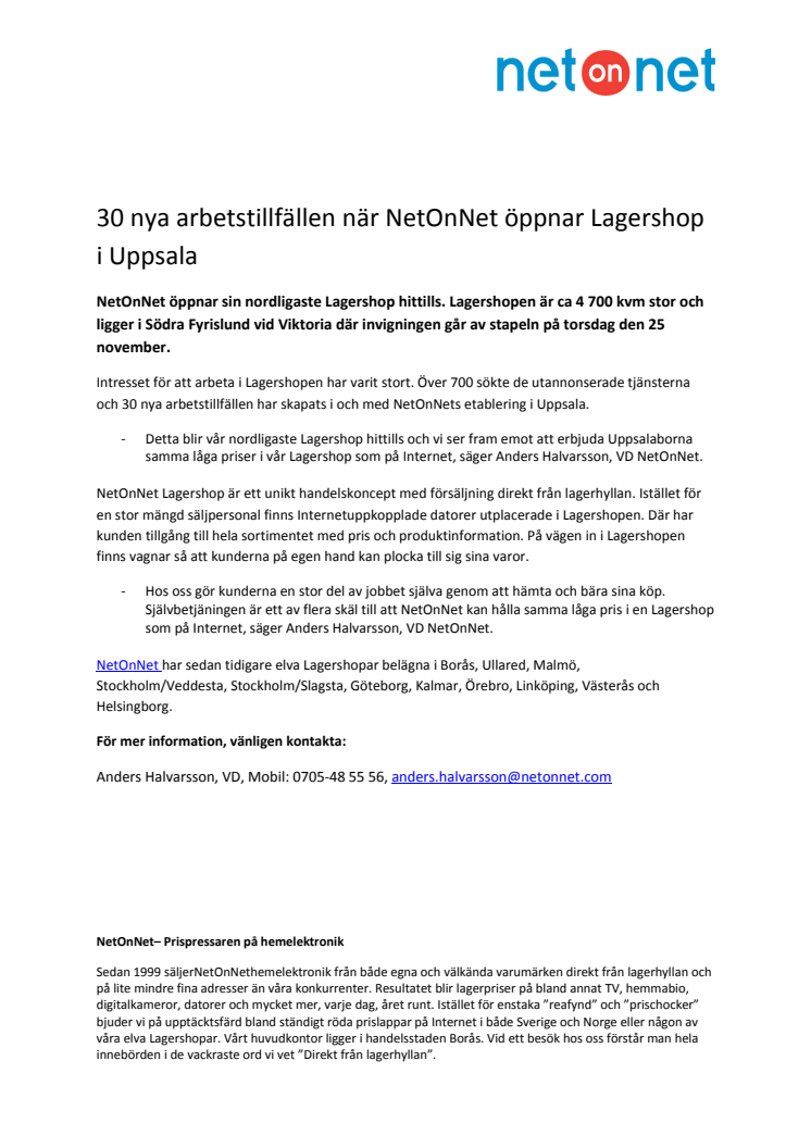 30 nya arbetstillfällen när NetOnNet öppnar Lagershop i Uppsala