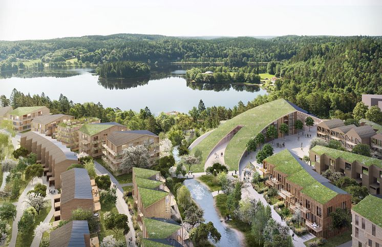 Trästaden Wendelstrand med cirka 1000 bostäder som Next Step Group ska utveckla vid Landvettersjön utanför Mölnlycke.