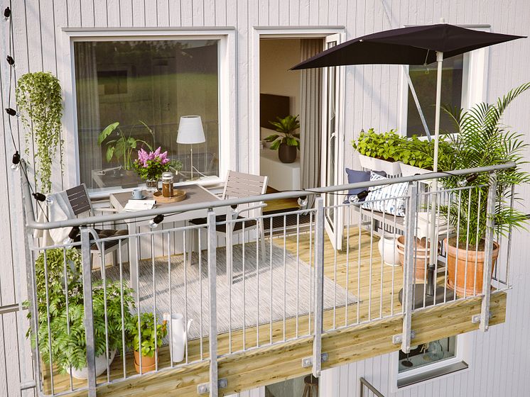 Illustration av balkong, BoKlok-lägenhet, 2020. 