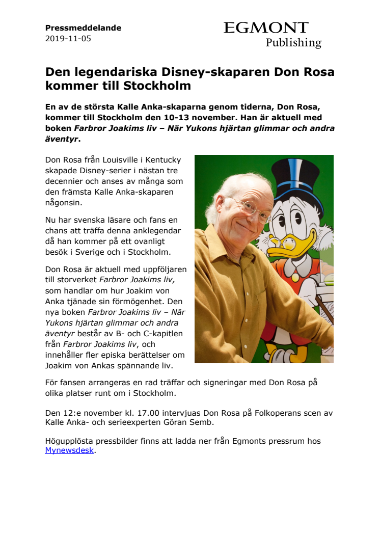 Den legendariska Disney-skaparen Don Rosa kommer till Stockholm 