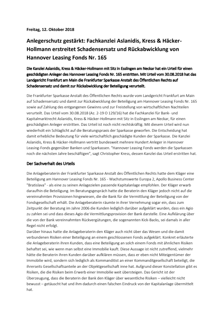 Anlegerschutz gestärkt: Fachkanzlei Aslanidis, Kress & Häcker-Hollmann erstreitet Schadensersatz und Rückabwicklung von Hannover Leasing Fonds Nr. 165