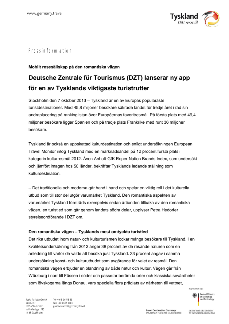 Deutsche Zentrale für Tourismus (DZT) lanserar ny app för en av Tysklands viktigaste turistrutter
