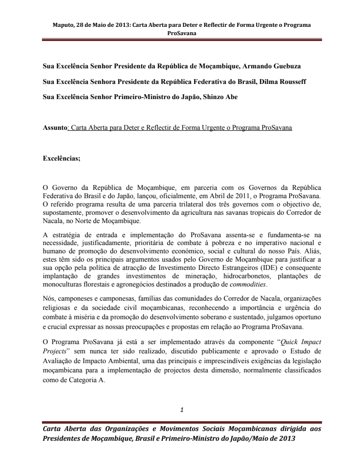 Carta Aberta das organizações e movimentos sociais para Detere Reflectir de Forma Urgente o Programa ProSavana (portugisiska)