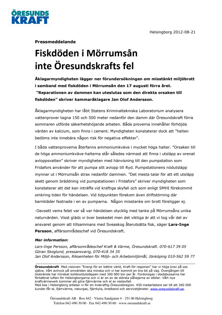 Fiskdöden i Mörrumsån inte Öresundskrafts fel