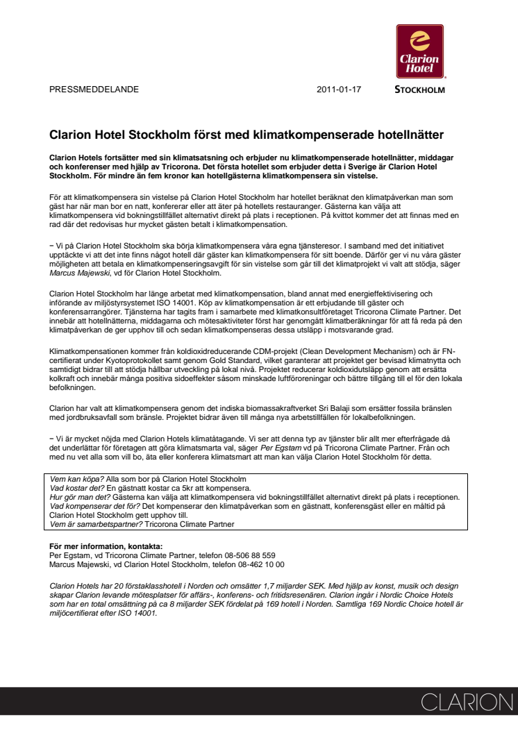 Clarion Hotel Stockholm först med klimatkompenserade hotellnätter