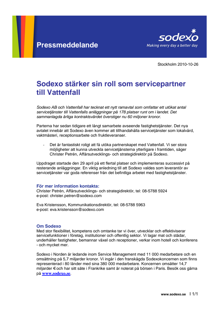 Sodexo stärker sin roll som servicepartner till Vattenfall