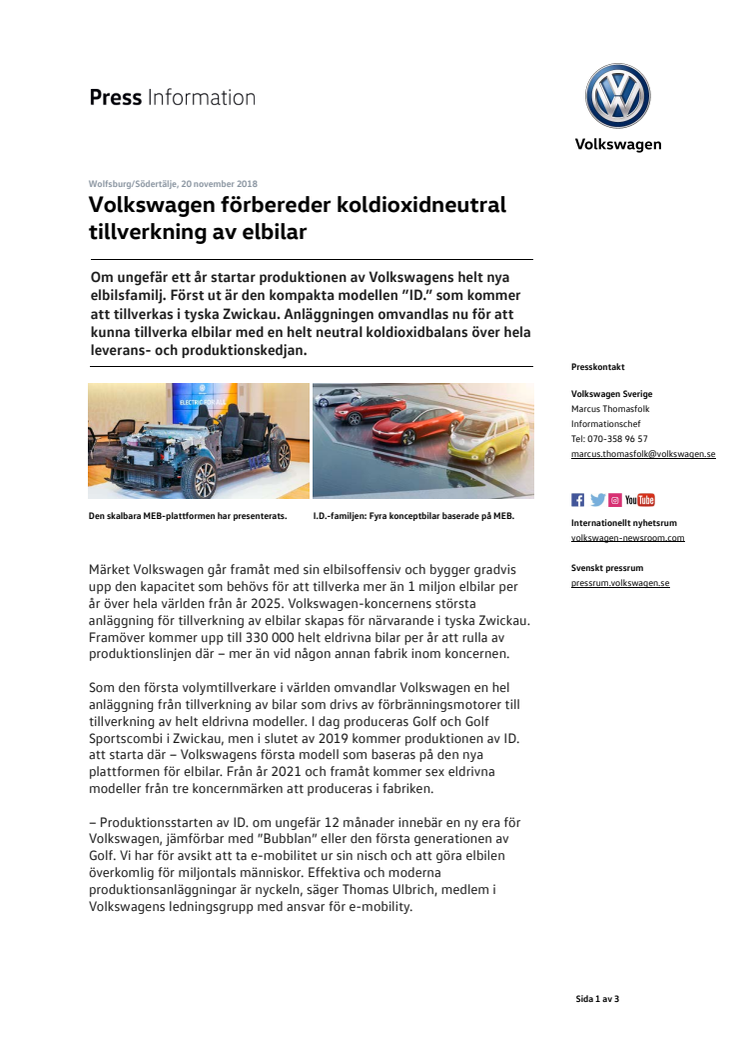 Volkswagen förbereder koldioxidneutral tillverkning av elbilar
