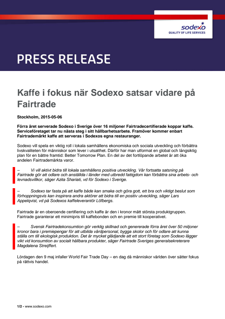 Kaffe i fokus när Sodexo satsar vidare på Fairtrade