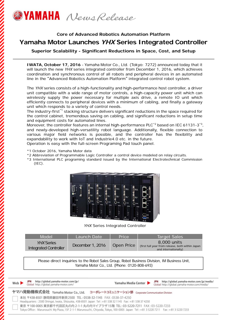 Core of Advanced Robotics Automation Platform Yamaha Motor Launches YHX Series Integrated Controller Superior Scalability - Significant Reductions in Space, Cost, and Setup