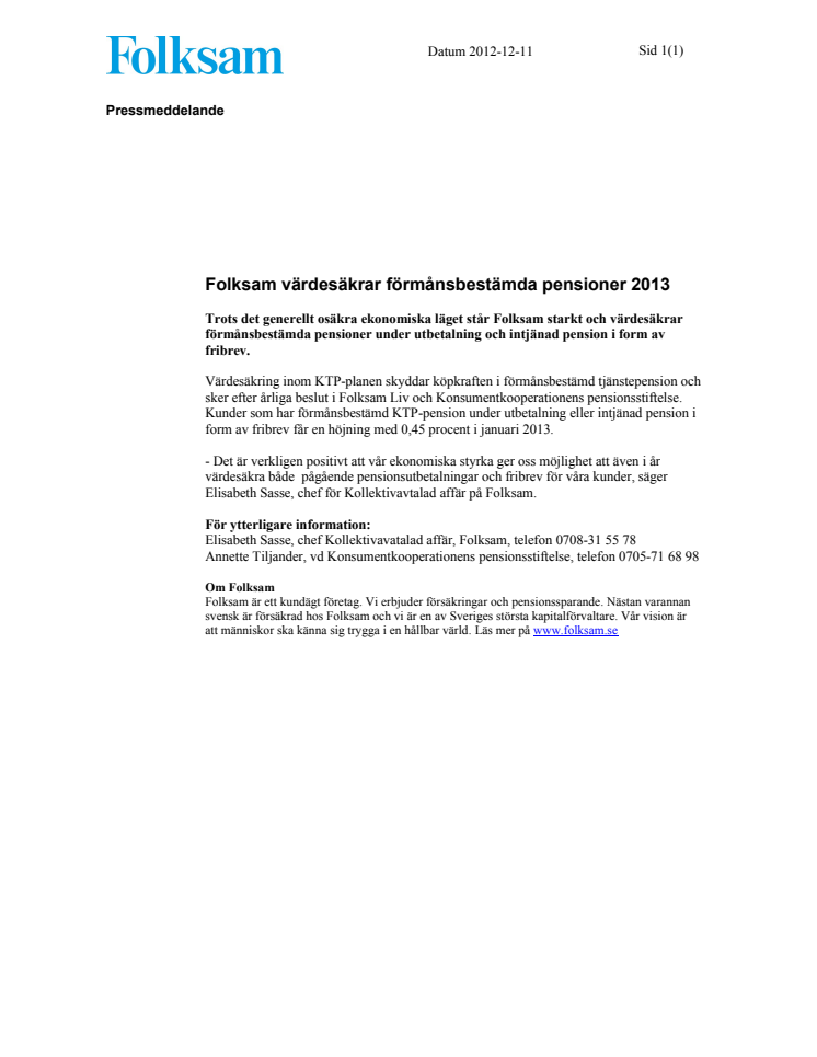 Folksam värdesäkrar förmånsbestämda pensioner 2013