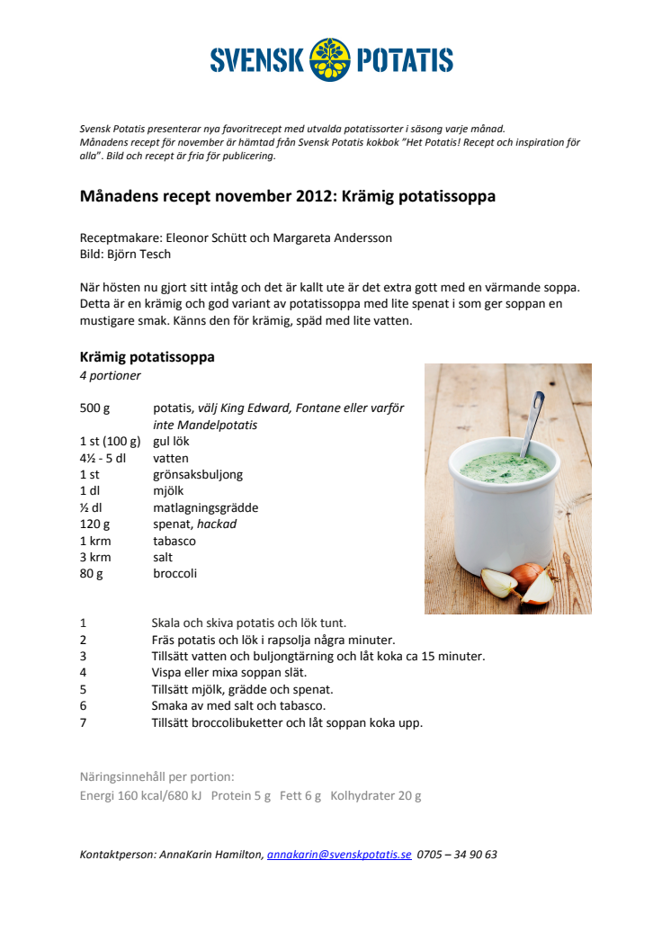 Månadens recept november - Krämig potatissoppa