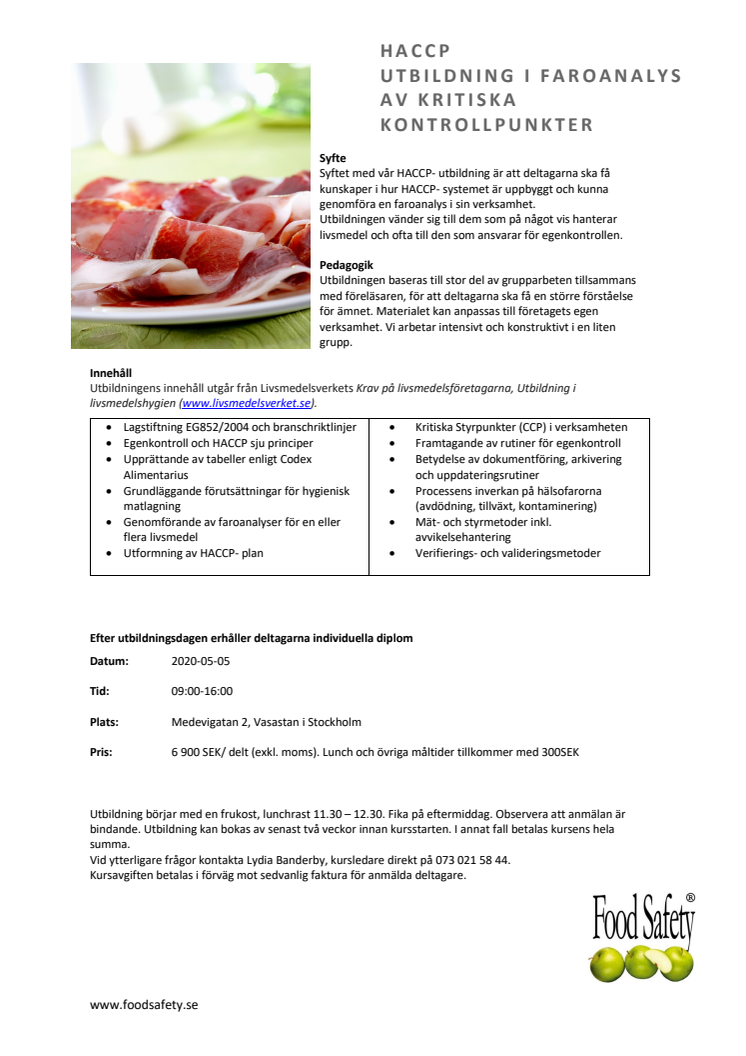 HACCP utbildning den 5 maj 2020