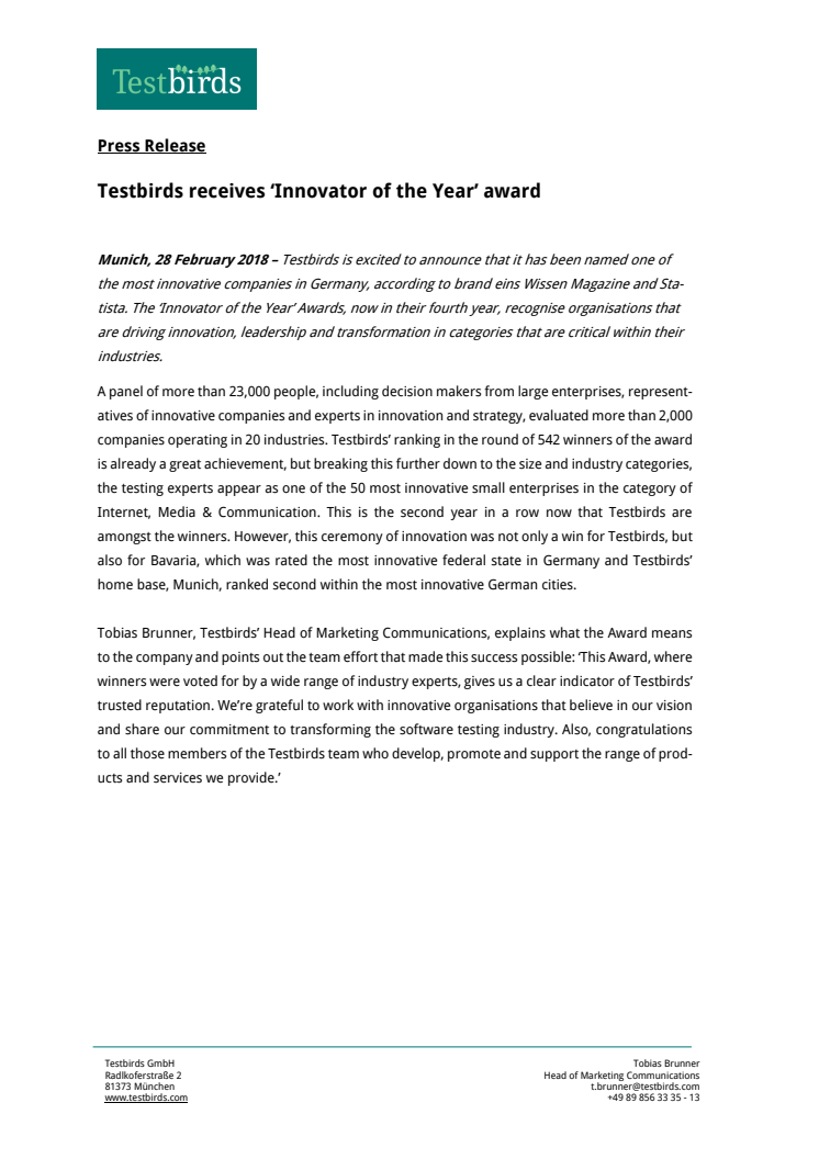 Testbirds receives ‘Innovator of the Year’ award