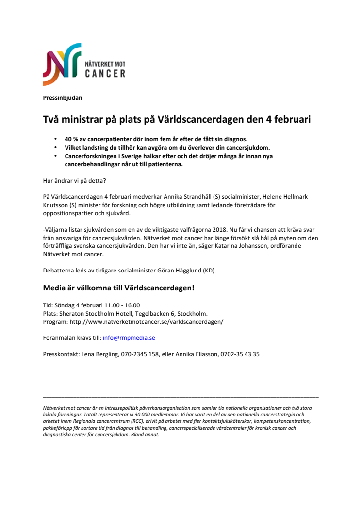 Två ministrar på plats på Världscancerdagen den 4 februari
