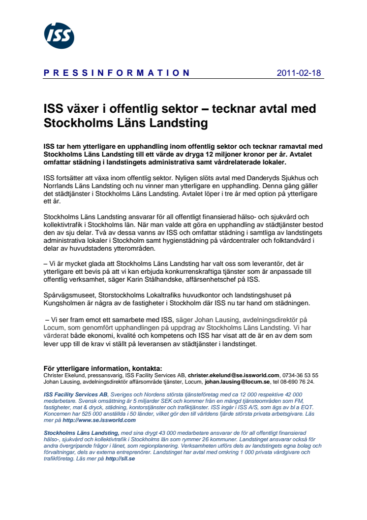 ISS växer i offentlig sektor – tecknar avtal med Stockholms Läns Landsting