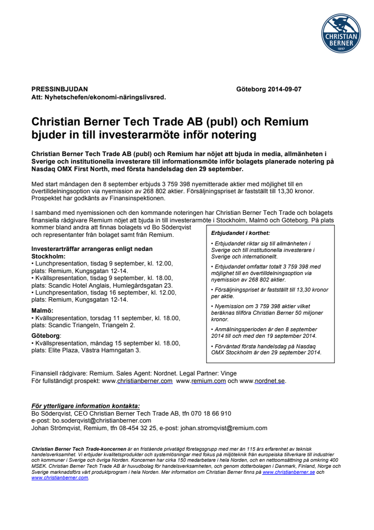 Christian Berner Tech Trade AB (publ) och Remium bjuder in till investerarmöte inför notering