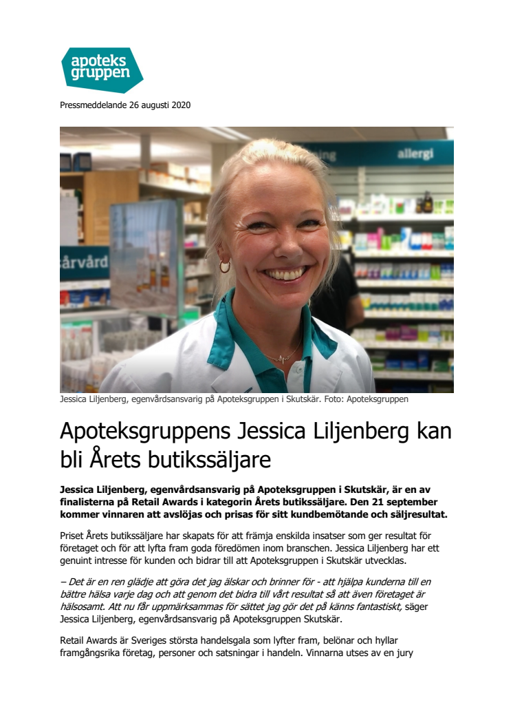 Apoteksgruppens Jessica Liljenberg kan bli Årets butikssäljare