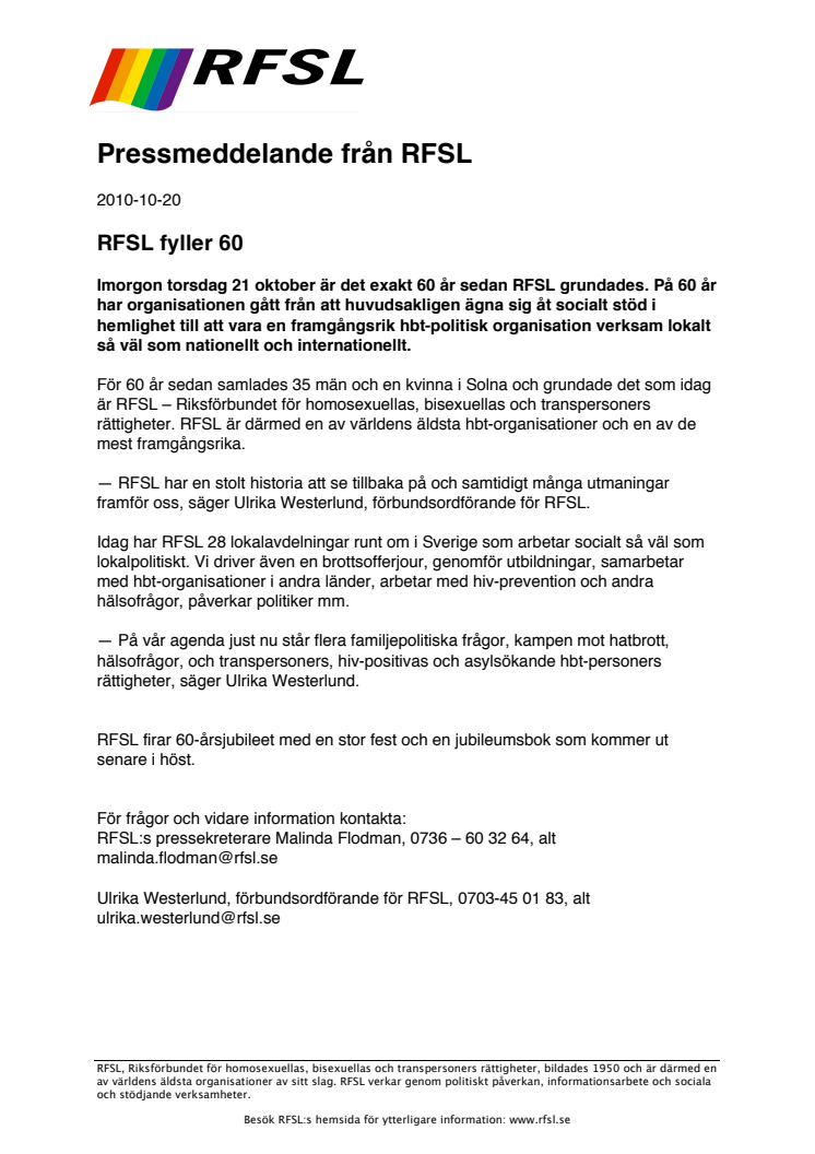 RFSL fyller 60