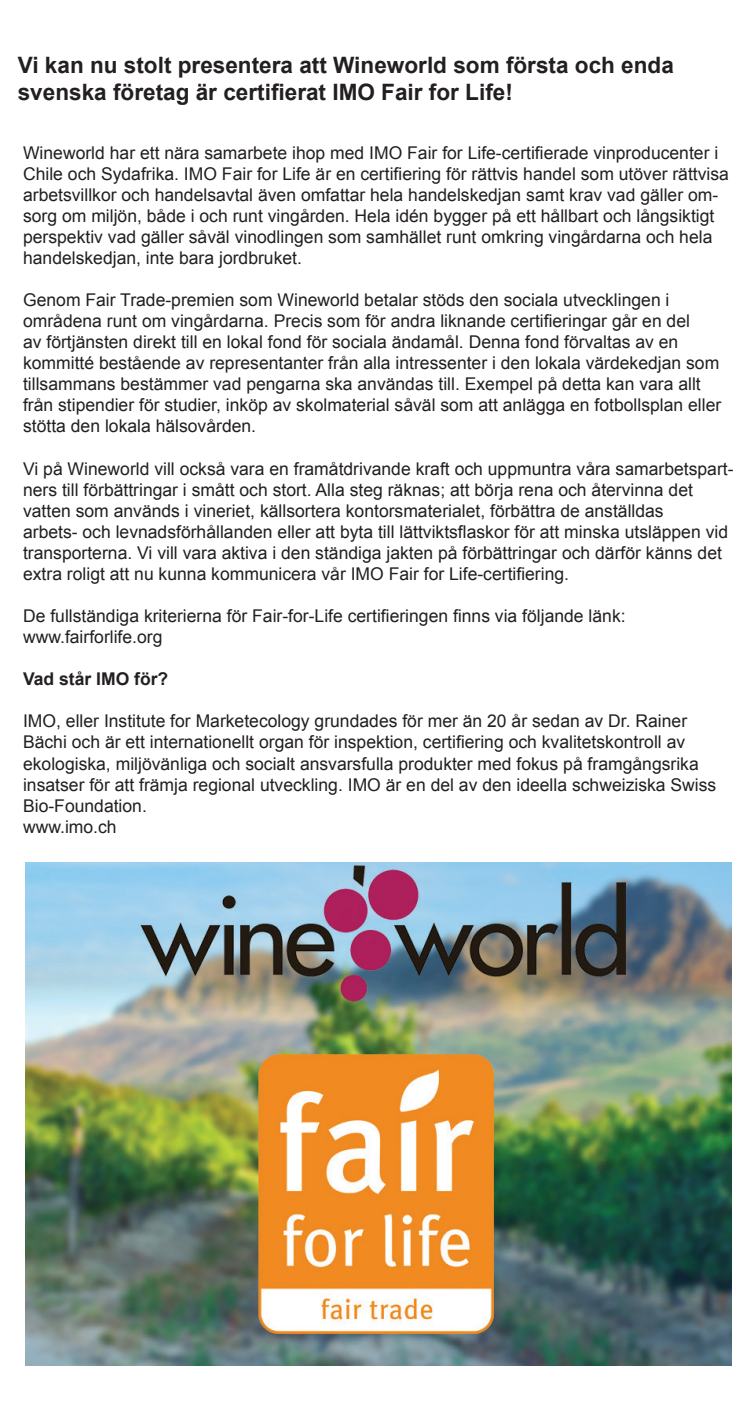 Wineworld först i Sverige att bli certifierat IMO Fair for Life 