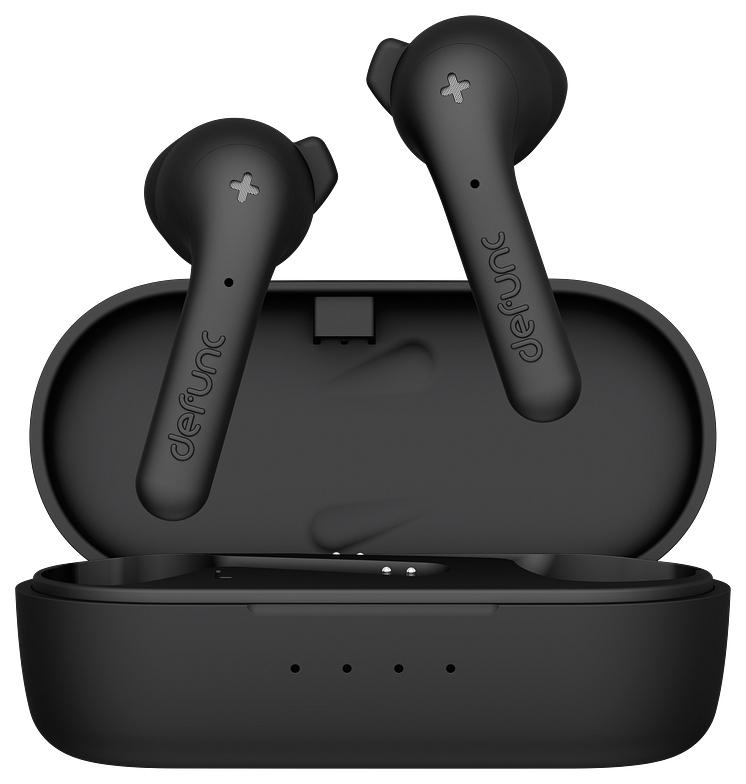 Defunc TRUE BASIC Alternative Earbuds Poping Out of the Charging Case Black.png