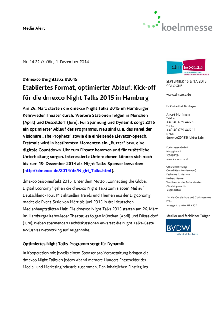 Etabliertes Format, optimierter Ablauf: Kick-off für die dmexco Night Talks 2015 in Hamburg