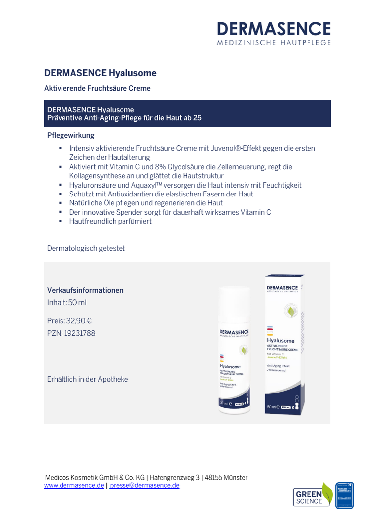 Factsheet DE: DERMASENCE Hyalusome Aktivierende Fruchtsäure Creme 50 ml