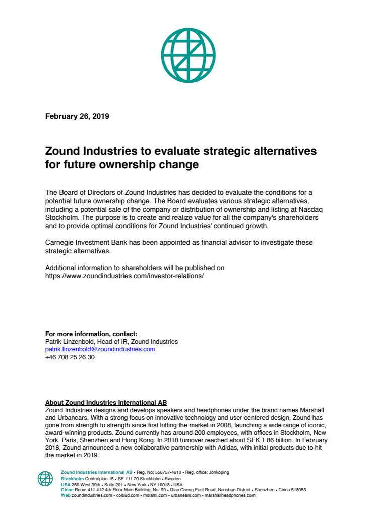  Zound Industries to evaluate strategic alternatives for future ownership change