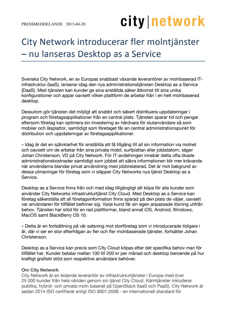 City Network introducerar fler molntjänster – nu lanseras Desktop as a Service