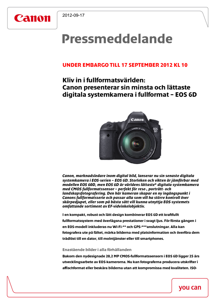 Kliv in i fullformatsvärlden:  Canon presenterar sin minsta och lättaste digitala systemkamera i fullformat – EOS 6D 